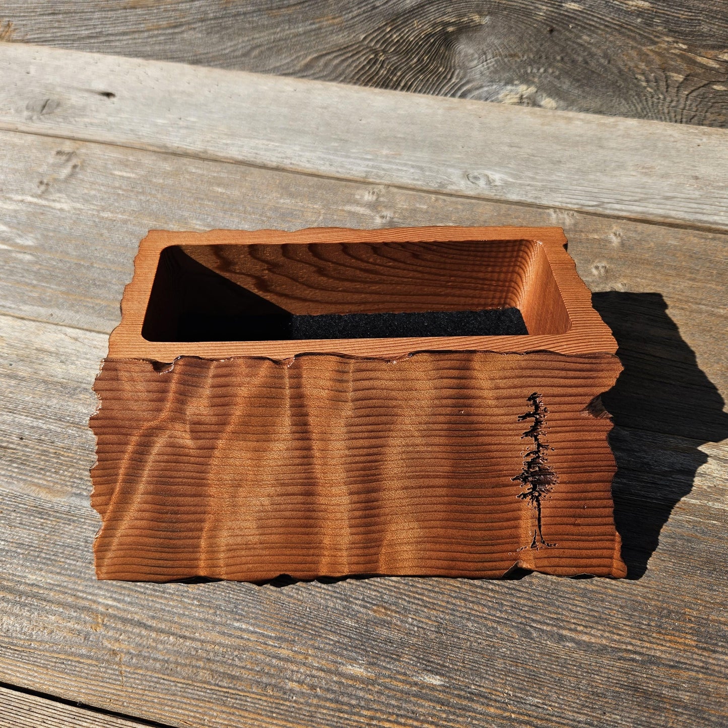 Handmade Wood Box with Redwood Tree Engraved Rustic Curly Wood #616