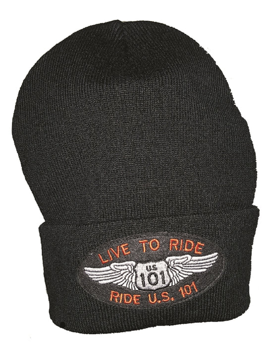 knit beanie with LIVE TO RIDE US 101