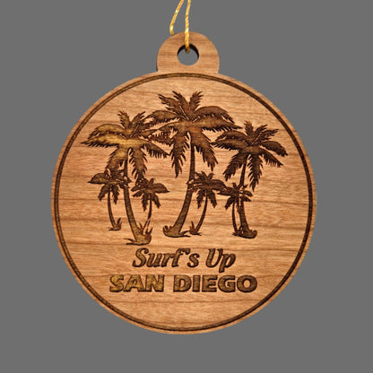 San Diego Surfs Up Palm Trees Christmas Ornament Made in USA San Diego Souvenir CA