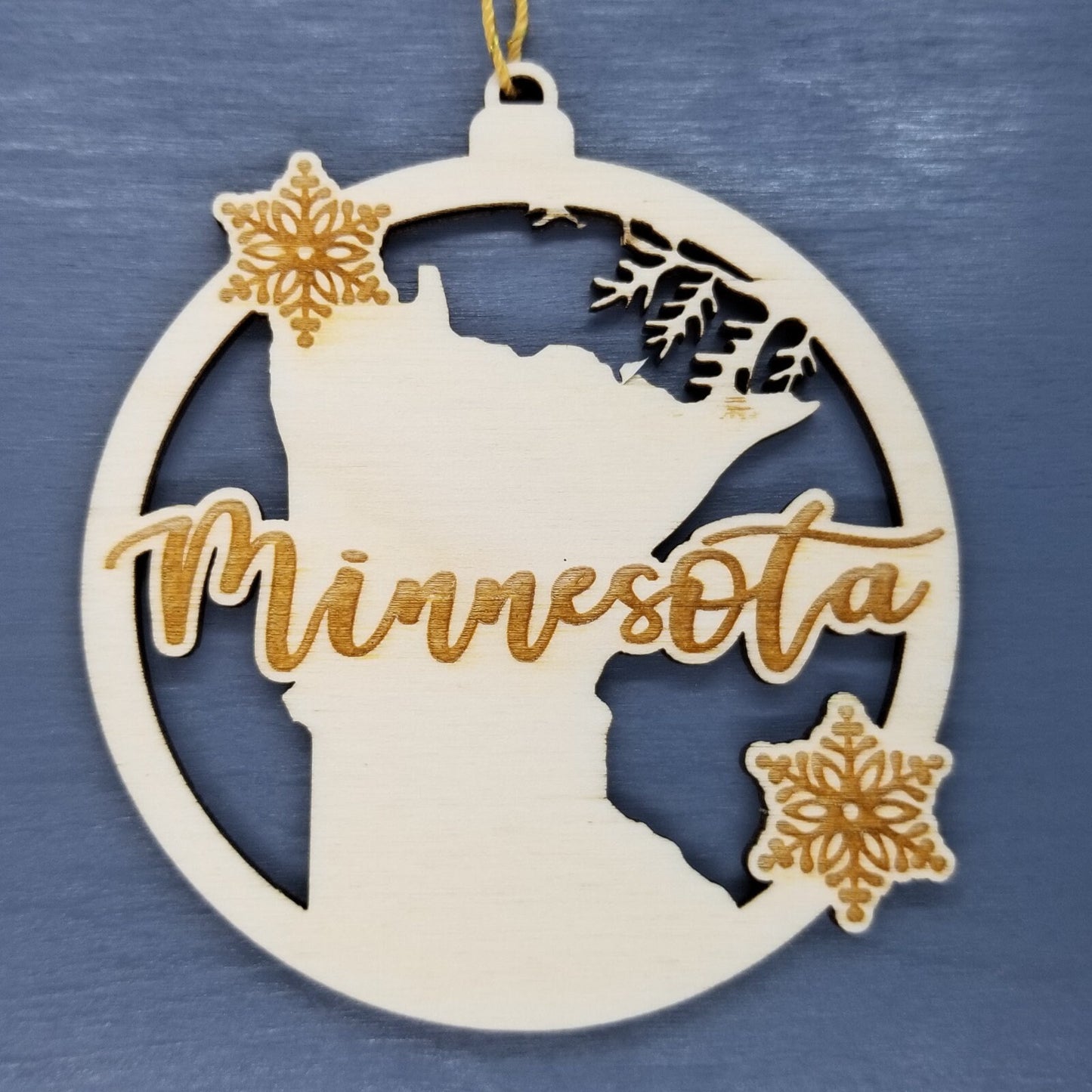 Minnesota Wood Ornament -  MN State Shape with Snowflakes Cutout - Handmade Wood Ornament Made in USA Christmas Decor