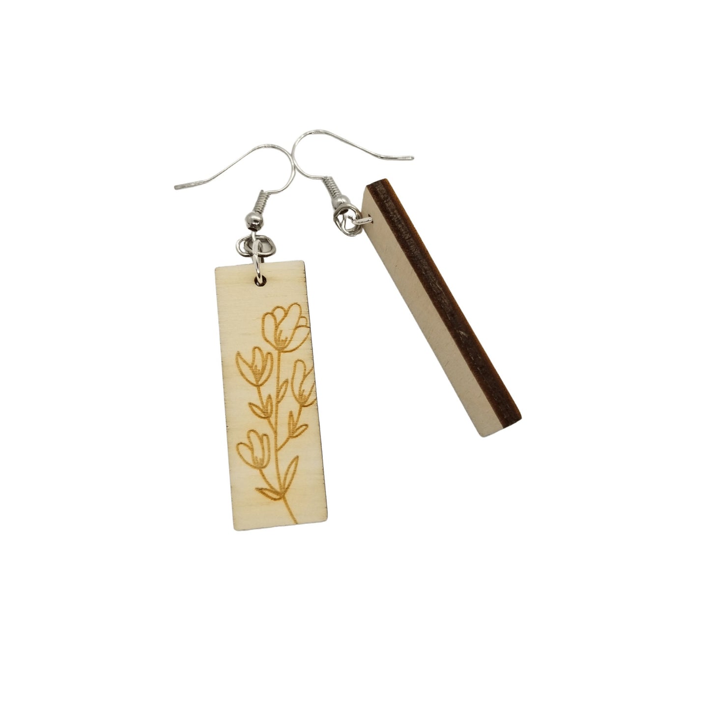 Wood Earrings - Floral Rectangle Shape Engraved Wood Drop Earrings - Dangle Earrings - Gift Flowers Tulips