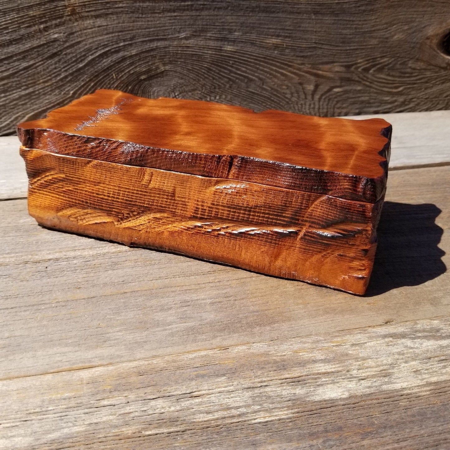 Handmade Wood Box with Redwood Tree Engraved Rustic Handmade Curly Wood #494 California Redwood Jewelry Box Storage Box