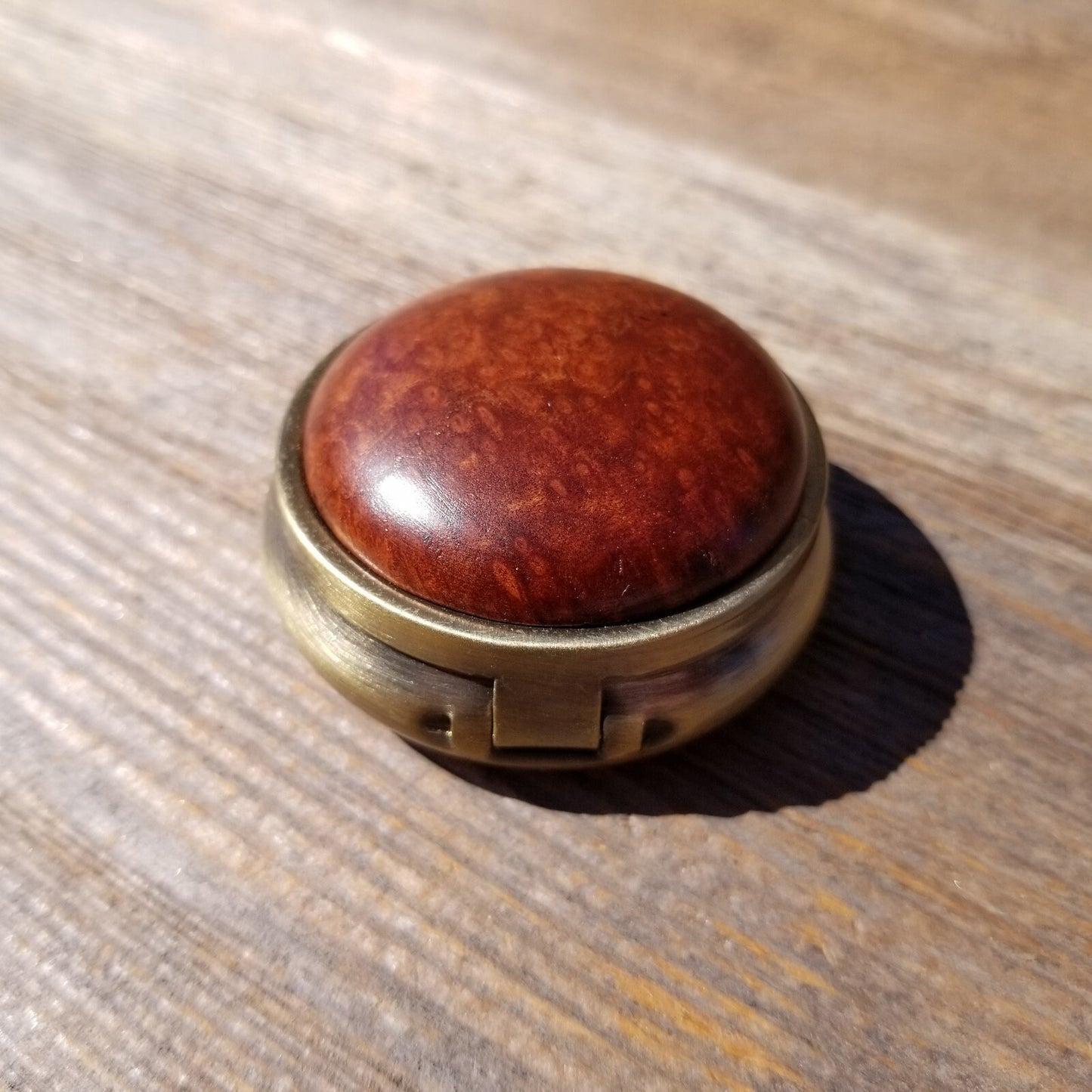 Wood Pill Box 3 Sections Handmade Top California Redwood Burl #406 Souvenir Memento Mothers Day Gift Antique Bronze