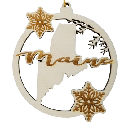 Maine Wood Ornament -  State Shape with Snowflakes Cutout ME - Handmade Wood Ornament Made in USA Christmas Decor