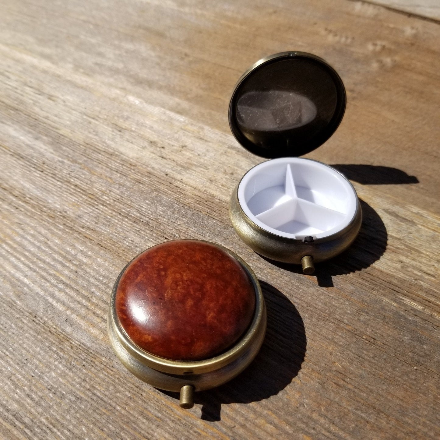 Wood Pill Box 3 Sections Handmade Top California Redwood Burl #406 Souvenir Memento Mothers Day Gift Antique Bronze