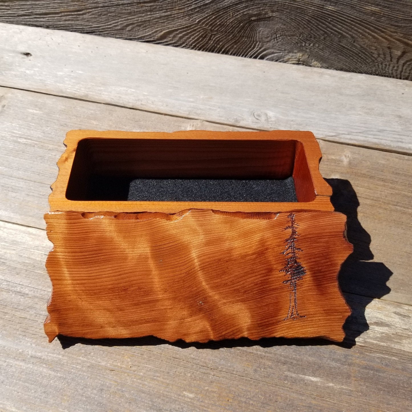 Handmade Wood Box with Redwood Tree Engraved Rustic Handmade Curly Wood #492 California Redwood Jewelry Box Storage Box