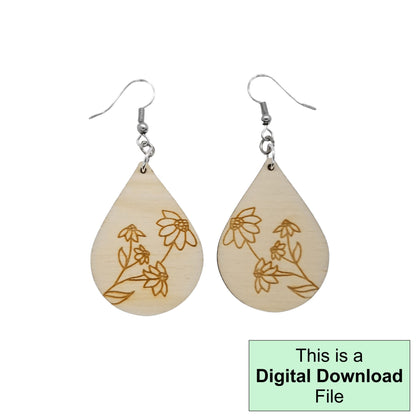 Black Eyed Susan Flower Teardrop Dangle Earrings Boho Laser Cut and Engrave SVG File Engrave Only Digital Download Cut Your Own Pattern