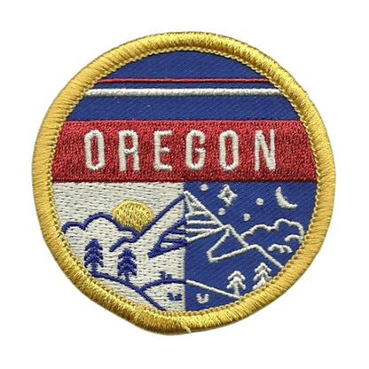 Oregon Patch – OR State Travel Patch Souvenir Applique 2.25" Iron On Mountains Trees Night Day Scene Red Blue Yellow Circle