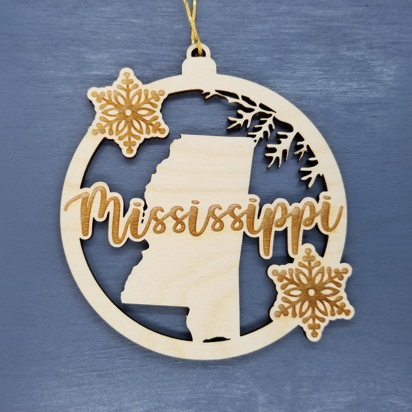 Mississippi Wood Ornament -  MS State Shape with Snowflakes Cutout - Handmade Wood Ornament Made in USA Christmas Decor