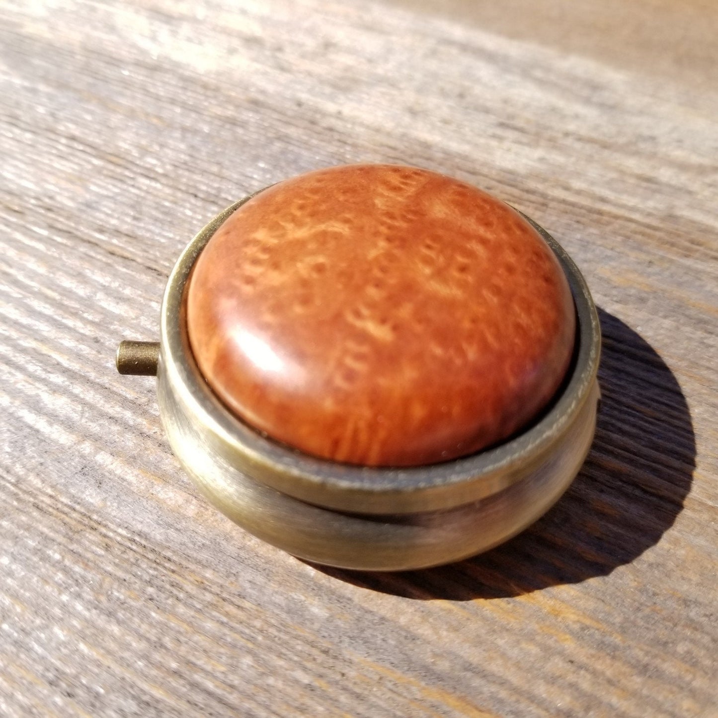 Redwood Pill Box 3 Sections Handmade Top California Burl #411 Souvenir Memento Mothers Day Gift Antique Bronze