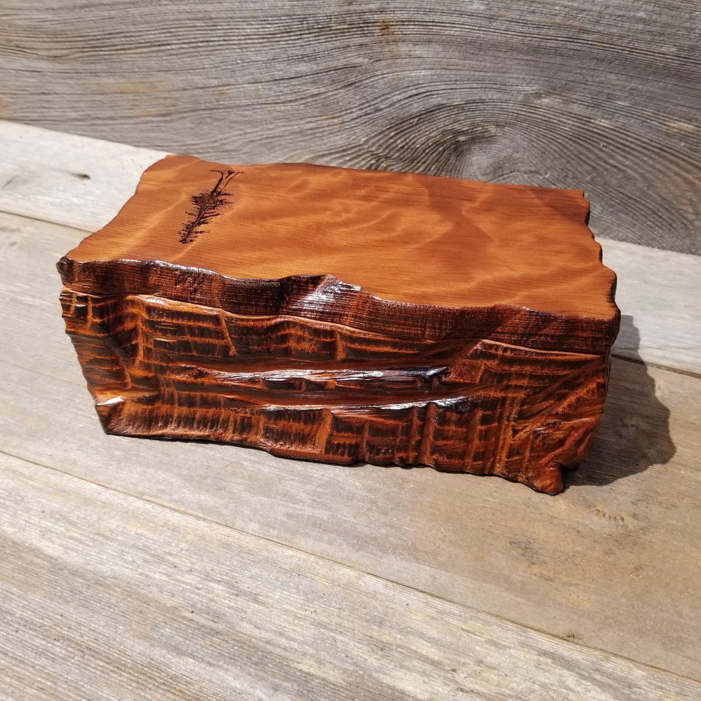 Handmade Wood Box with Redwood Tree Engraved Rustic Handmade Curly Wood #460 California Redwood Jewelry Box Storage Box