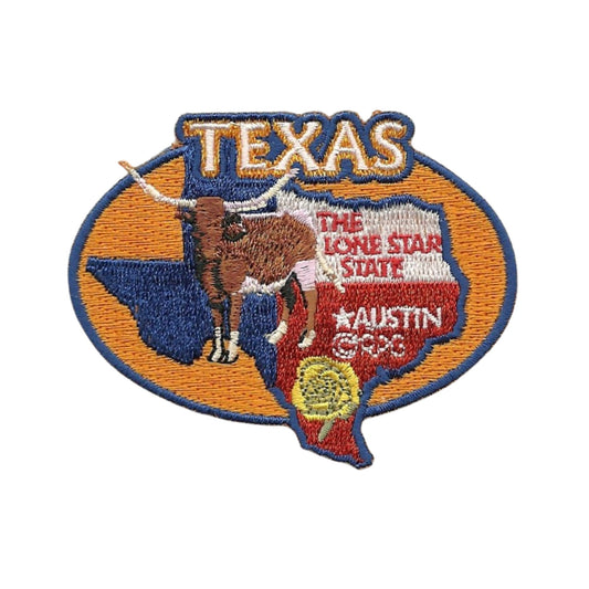 Texas Patch – TX State Travel Patch Souvenir Applique 3" Iron On The Lone Star State Austin Longhorn Cow Cattle Yellow Rose