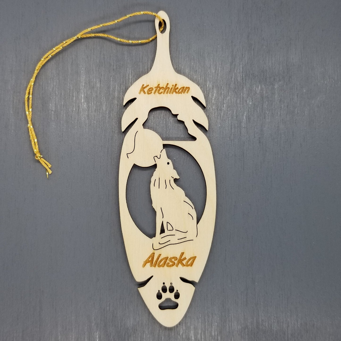 Ketchikan Alaska Wolf Christmas Ornament Wood Laser Cut Handmade in USA Souvenir Memento Leaf Acorn 5.375" Travel Gift AK