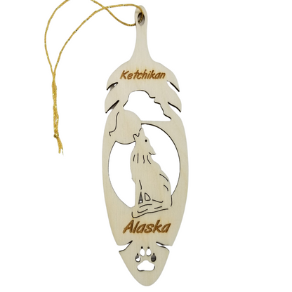 Ketchikan Alaska Wolf Christmas Ornament Wood Laser Cut Handmade in USA Souvenir Memento Leaf Acorn 5.375" Travel Gift AK