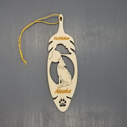 Ketchikan Alaska Wolf Christmas Ornament Wood Laser Cut Handmade in USA Souvenir Memento Leaf Acorn 5.375" Travel Gift AK