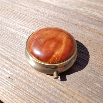 Handmade Pill Box 3 Sections California Redwood Burl Top Souvenir Memento Rustic Antique Bronze #408