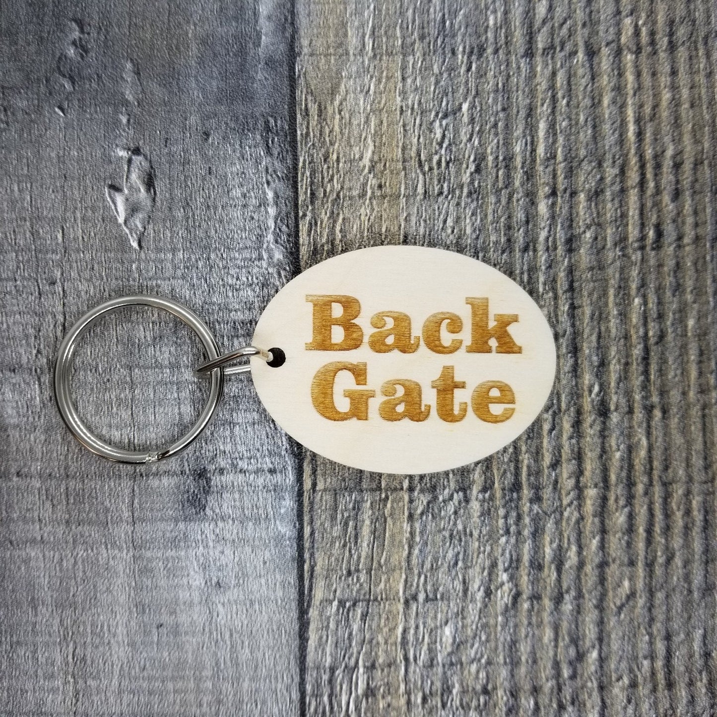 Back Gate Wood Keychain Key Ring Keychain Gift - Key Chain Key Tag Key Ring Key Fob - Back Gate Text Key Marker