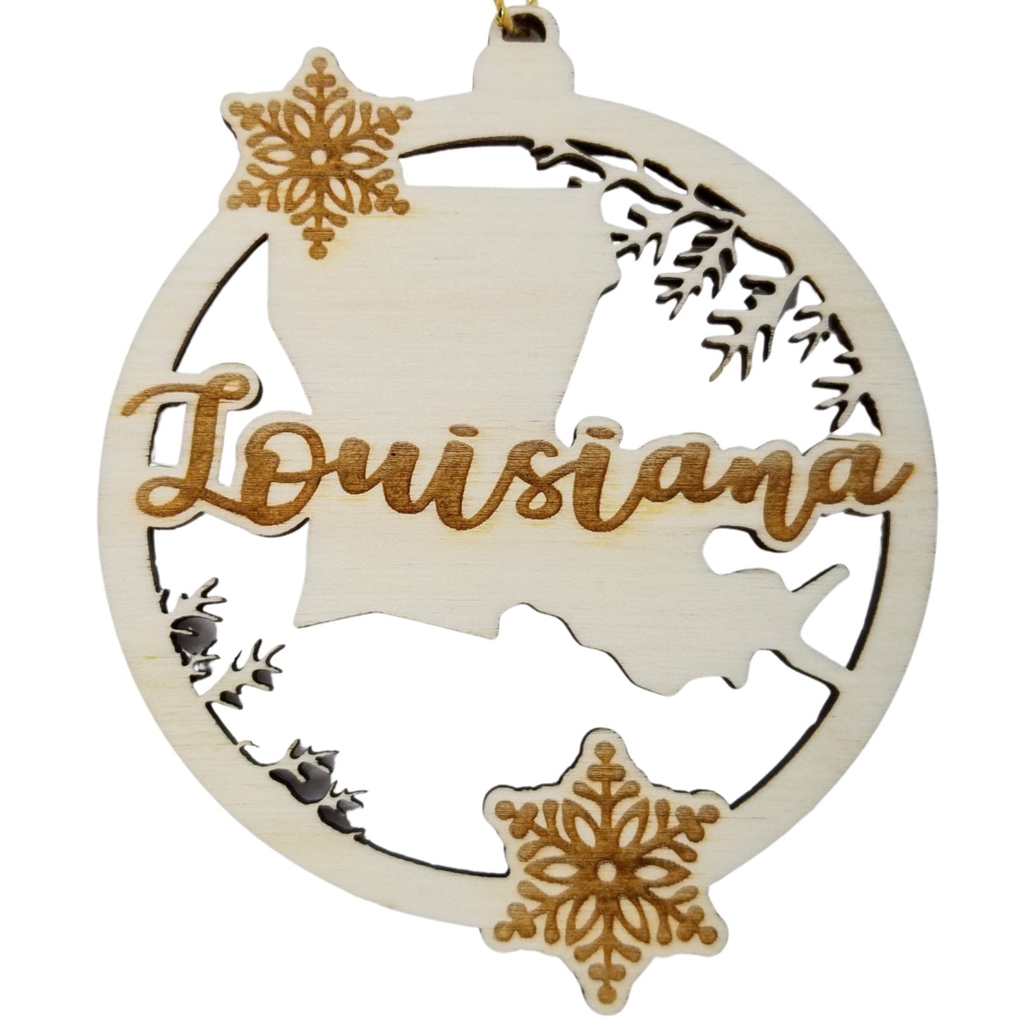 Louisiana Wood Ornament -  LA State Shape with Snowflakes Cutout - Handmade Wood Ornament Made in USA Christmas Decor