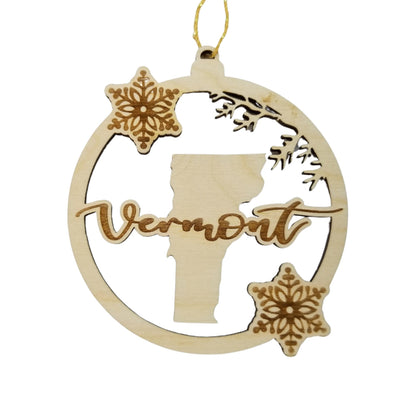 Vermont Wood Ornament -  VT State Shape with Snowflakes Cutout - Handmade Wood Ornament Made in USA Christmas Decor