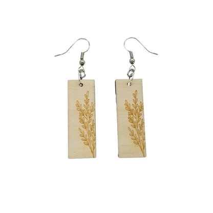 Wood Earrings - Floral Rectangle Shape Engraved Wood Drop Earrings - Dangle Earrings - Gift Flowers Leaves Stems