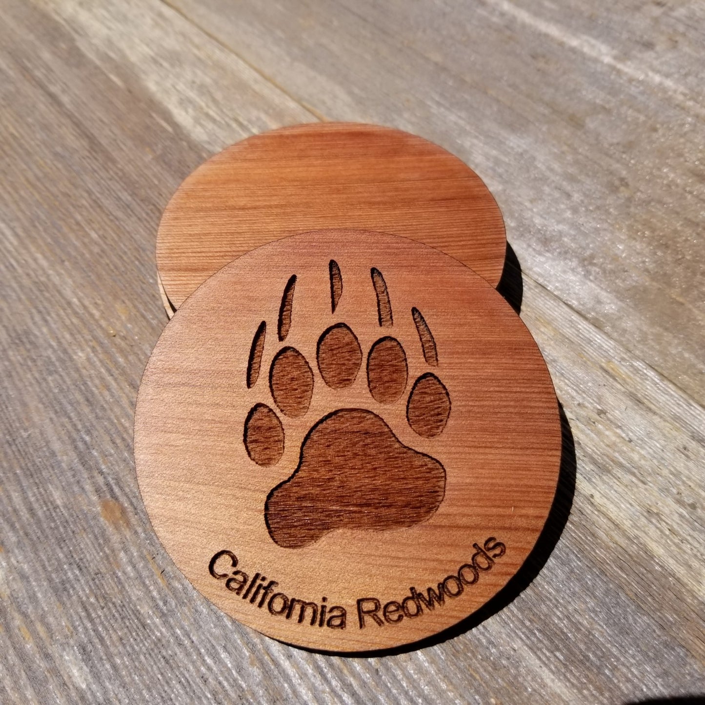 Bear Paw Wood Coasters - Set of 4 - California Redwood - Souvenir - Bear Track