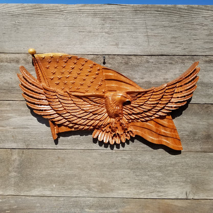 Eagle American Flag 3d Carved Sign Handmade Redwood Wood Patriotic Made in the USA