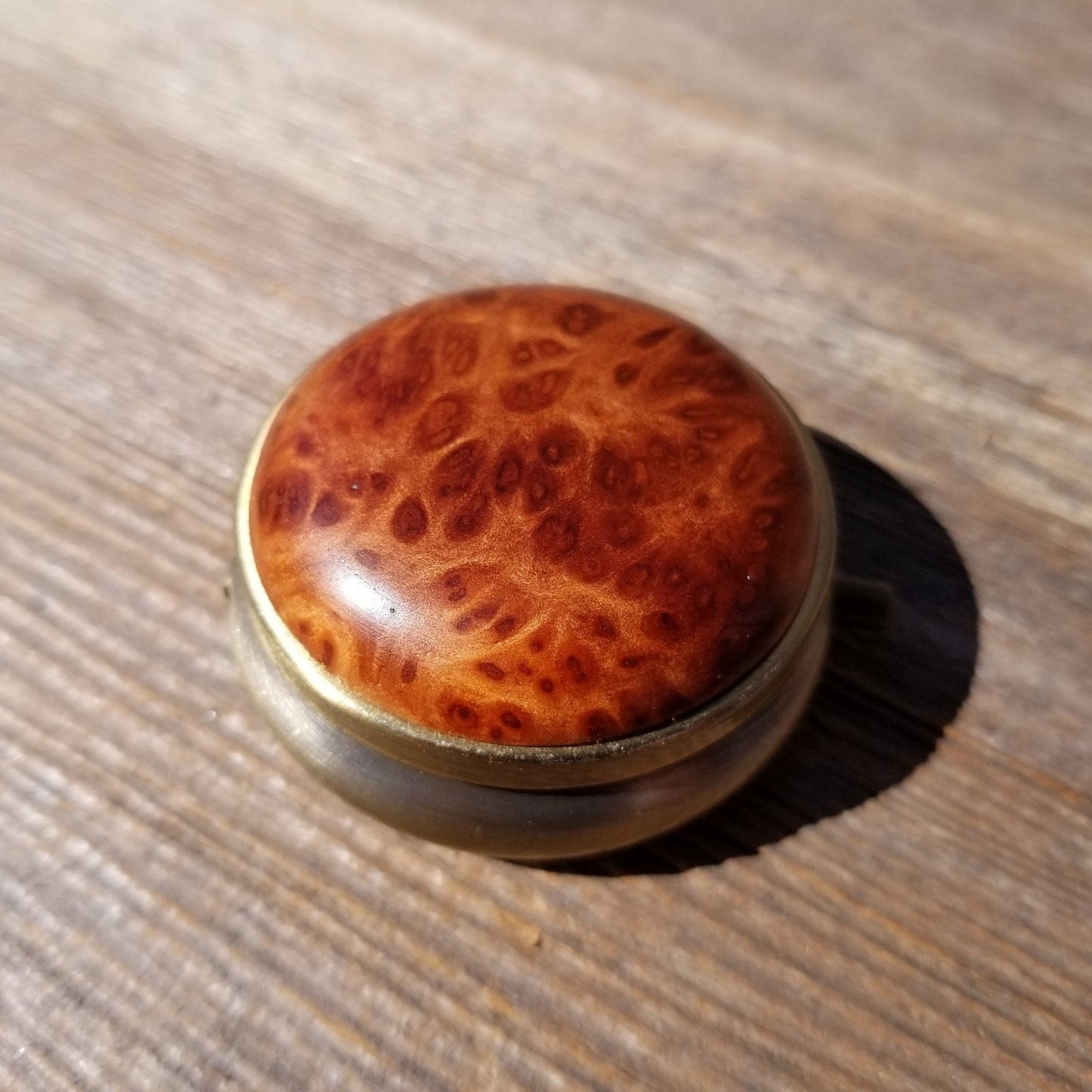 California Redwood Pill Box 3 Sections Handmade Top Burl Wood Souvenir Memento Mothers Day Gift Antique Bronze #407