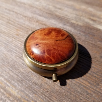 Wood Pill Box 3 Sections Handmade Top California Redwood Burl Souvenir Memento Mothers Day Gift Antique Bronze #420