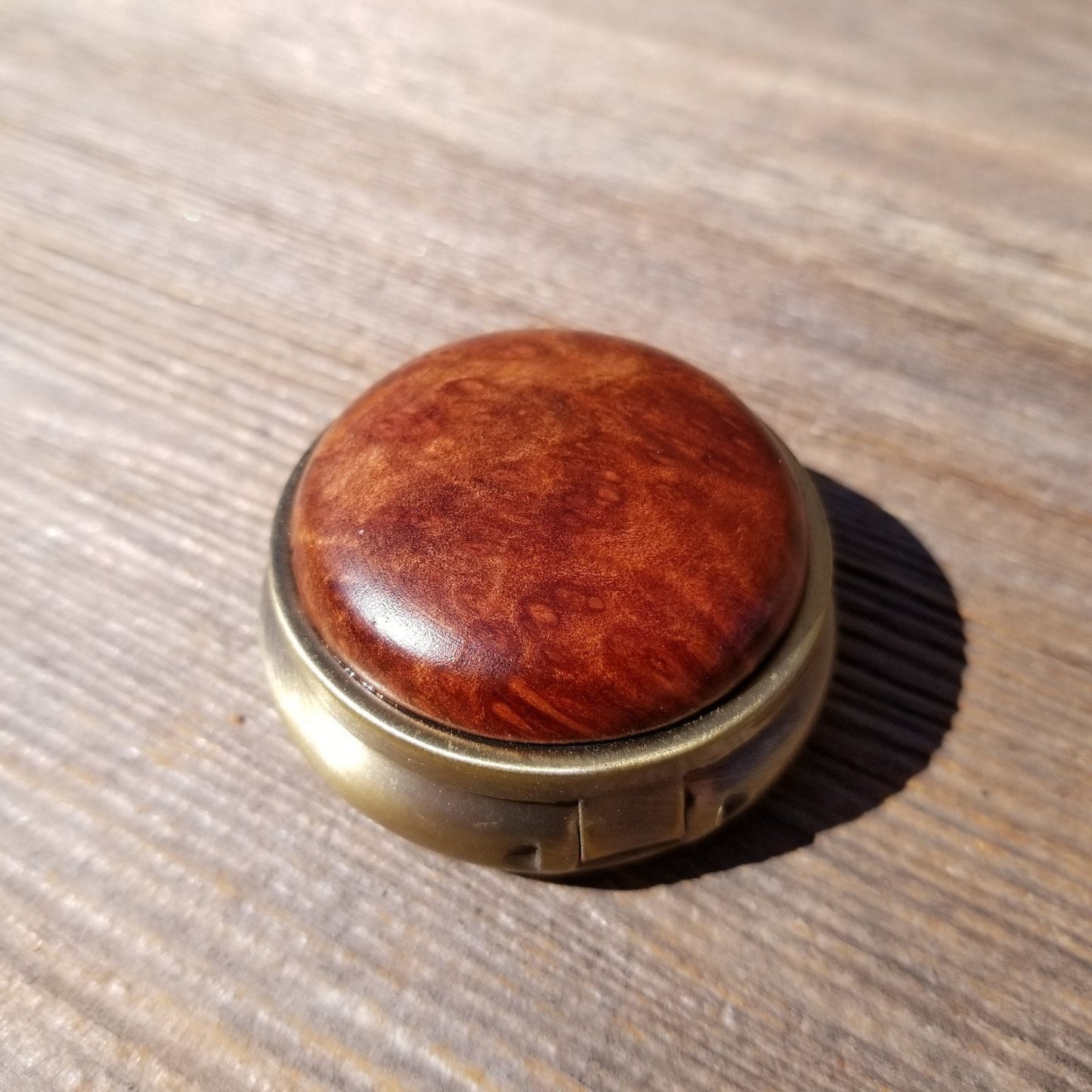 Handmade Pill Box 3 Sections Redwood Top California Burl Souvenir Memento Rustic Antique Bronze #418