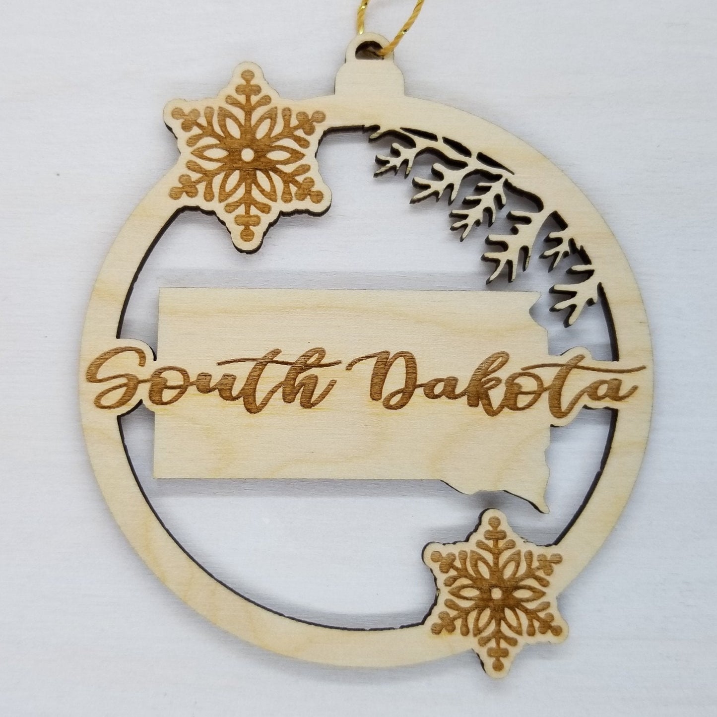 South Dakota Wood Ornament -  SD State Shape with Snowflakes Cutout - Handmade Wood Ornament Made in USA Christmas Decor