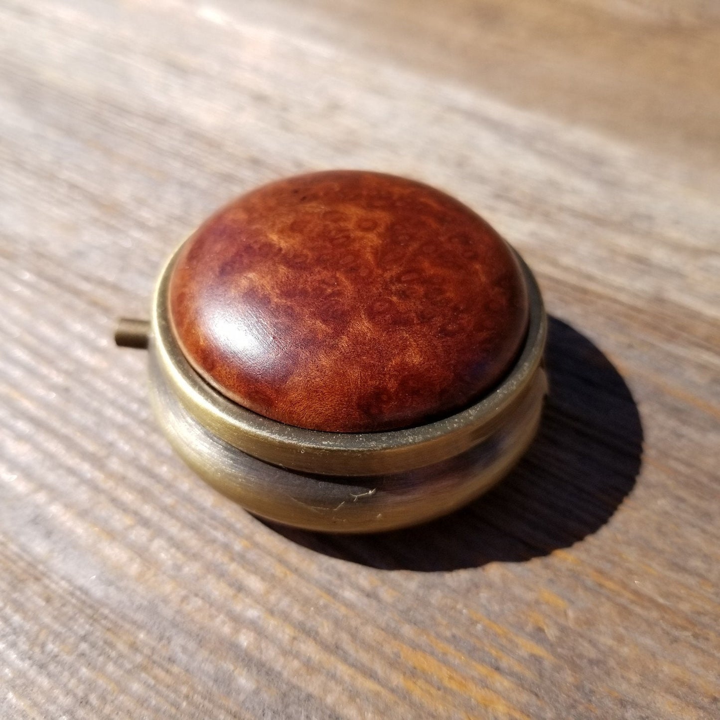 Wood Pill Box 3 Sections Handmade Top California Redwood Burl #406 Souvenir Memento Mothers Day Gift Antique Bronze