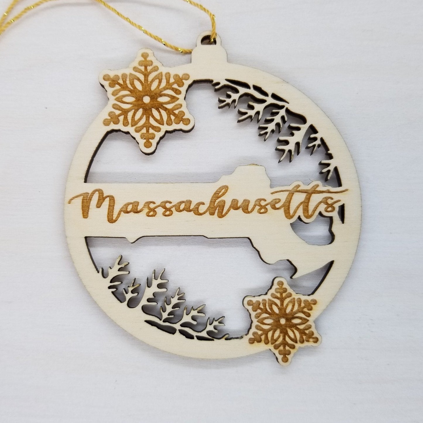 Massachusetts Wood Ornament -  State Shape with Snowflakes MA Cutout - Handmade Wood Ornament Made in USA Christmas Decor