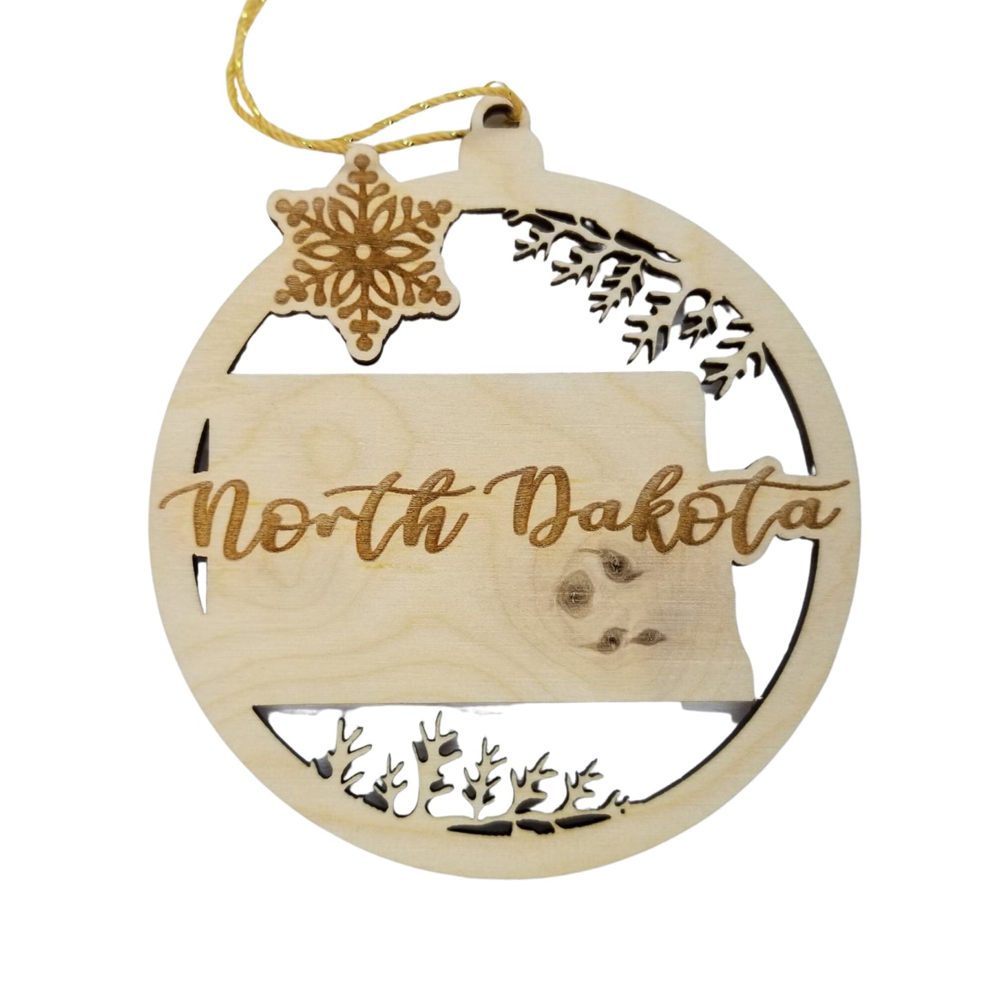 North Dakota Wood Ornament -  ND State Shape with Snowflakes Cutout - Handmade Wood Ornament Made in USA Christmas Decor