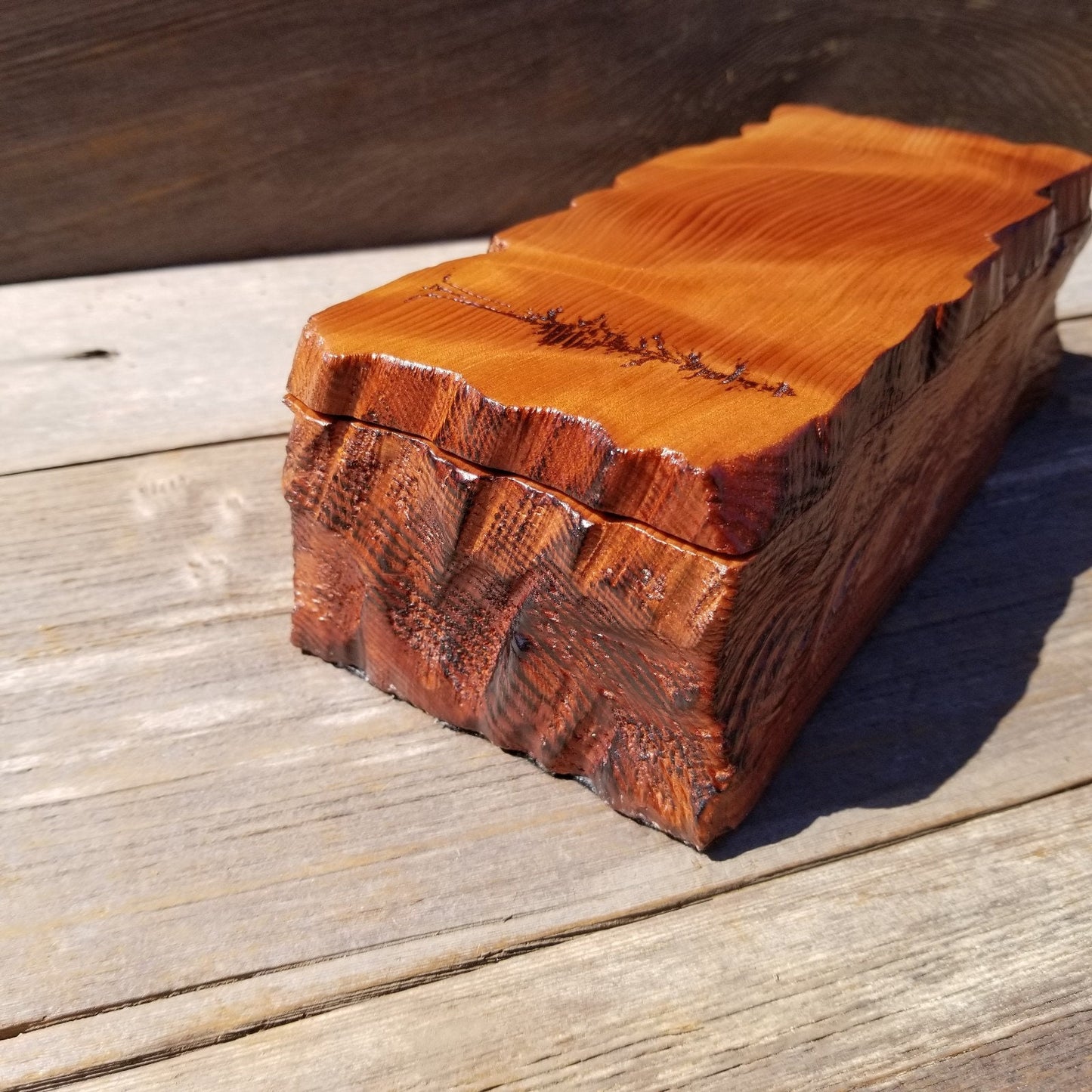 Handmade Wood Box with Redwood Tree Engraved Rustic Handmade Curly Wood #508 California Redwood Jewelry Box Storage Box