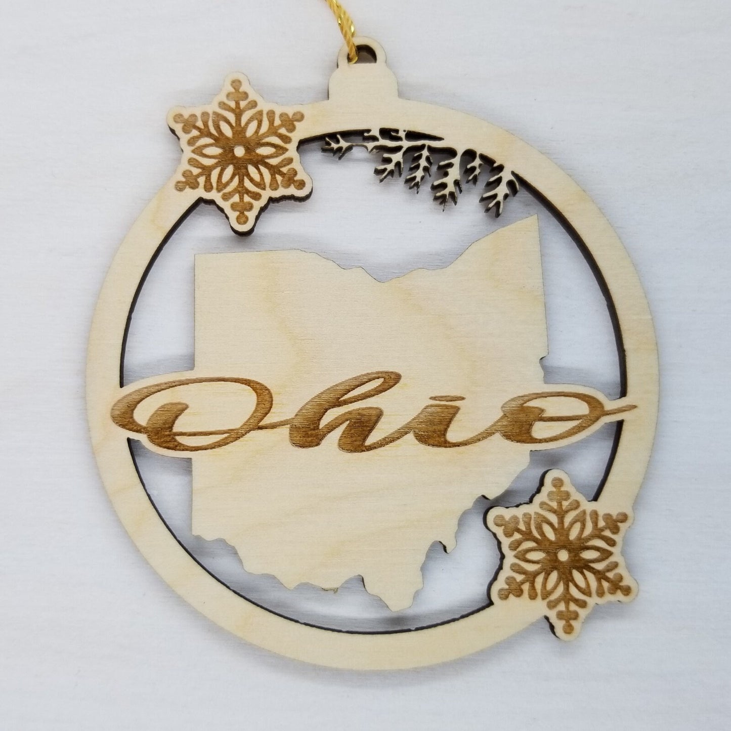 Ohio Wood Ornament -  State Shape with Snowflakes Cutout OH - Handmade Wood Ornament Made in USA Christmas Decor