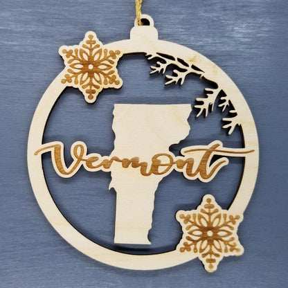 Vermont Wood Ornament -  VT State Shape with Snowflakes Cutout - Handmade Wood Ornament Made in USA Christmas Decor