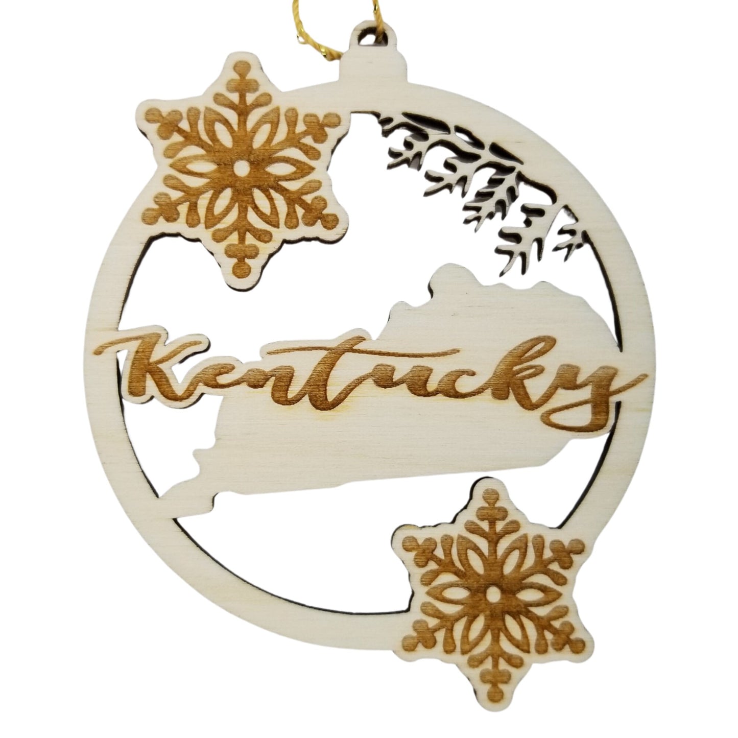 Kentucky Wood Ornament -  KY State Shape with Snowflakes Cutout - Handmade Wood Ornament Made in USA Christmas Decor