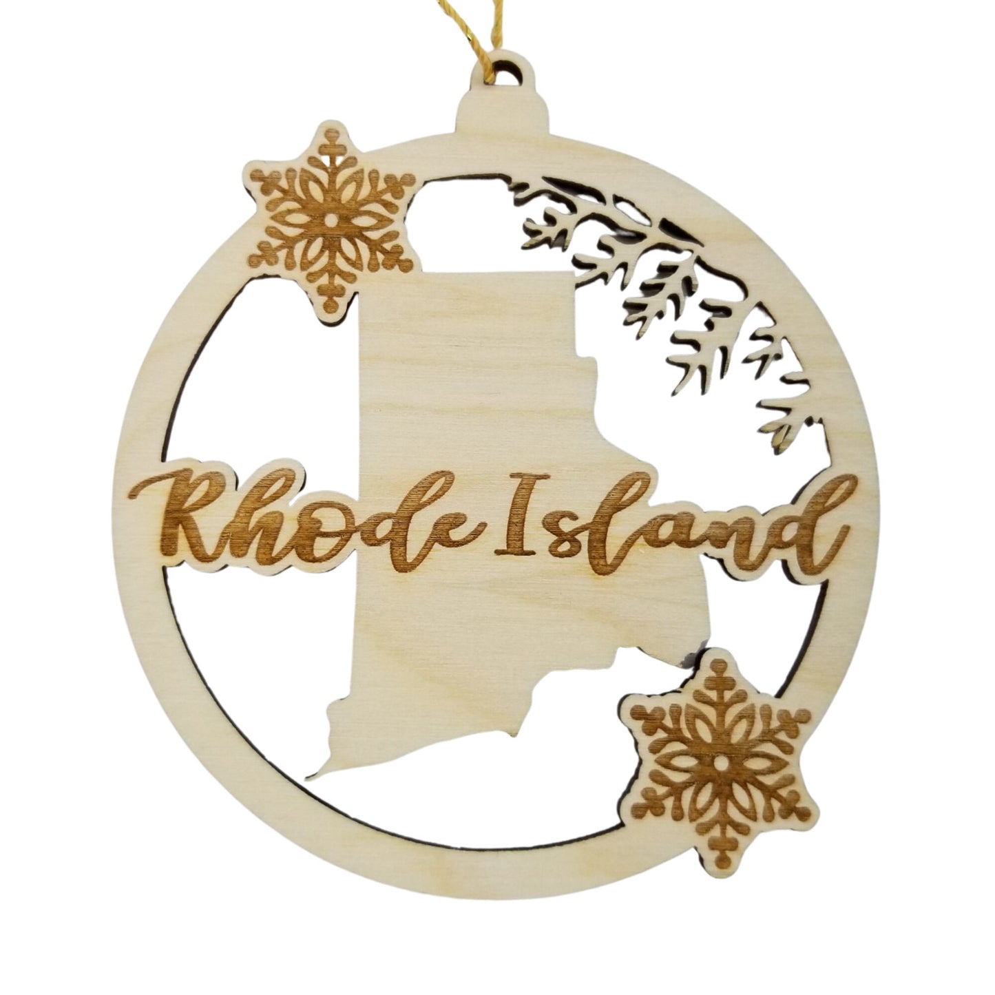 Rhode Island Wood Ornament -  State Shape with Snowflakes Cutout RI - Handmade Wood Ornament Made in USA Christmas Decor