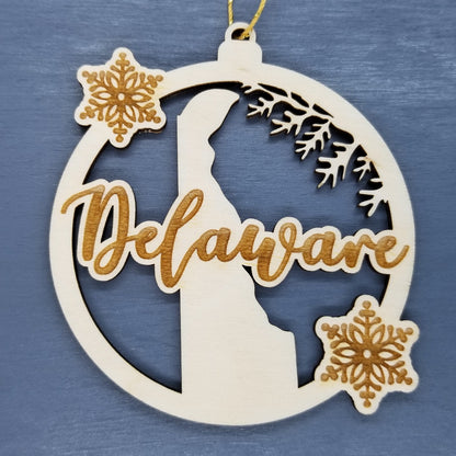 Delaware Wood Ornament -  DE State Shape with Snowflakes Cutout - Handmade Wood Ornament Made in USA Christmas Decor