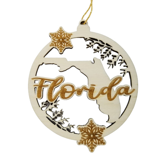 Florida Wood Ornament -  FL State Shape with Snowflakes Cutout - Handmade Wood Ornament Made in USA Christmas Decor