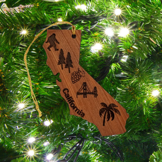 California State Shape Christmas Ornament Collage Bigfoot Golden Gate Bridge Trees Laser Cut Handmade Wood Ornament Made in USA