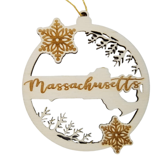 Massachusetts Wood Ornament -  State Shape with Snowflakes MA Cutout - Handmade Wood Ornament Made in USA Christmas Decor