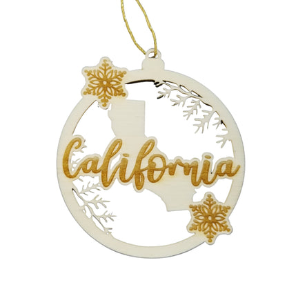 California Wood Ornament -  CA State Shape with Snowflakes Cutout - Handmade Wood Ornament Made in USA Christmas Decor