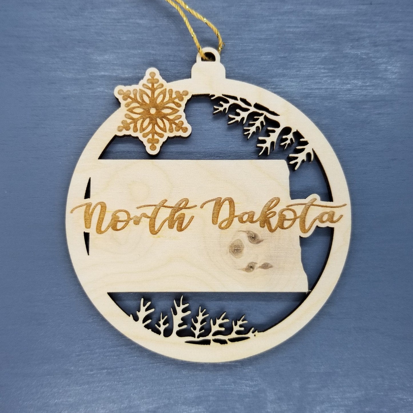 North Dakota Wood Ornament -  ND State Shape with Snowflakes Cutout - Handmade Wood Ornament Made in USA Christmas Decor