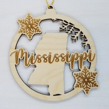 Mississippi Wood Ornament -  MS State Shape with Snowflakes Cutout - Handmade Wood Ornament Made in USA Christmas Decor