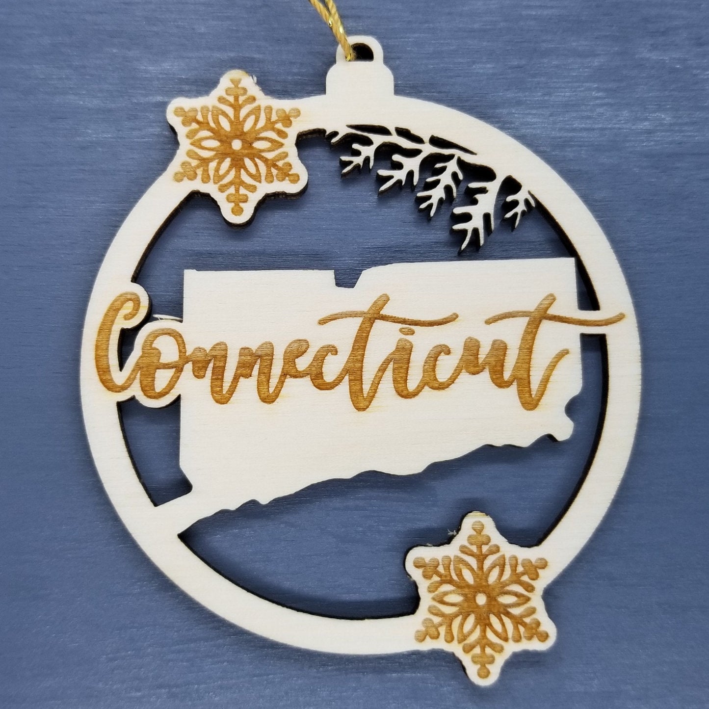 Connecticut Wood Ornament - CT State Shape with Snowflakes Cutout - Handmade Wood Ornament Made in USA Christmas Decor