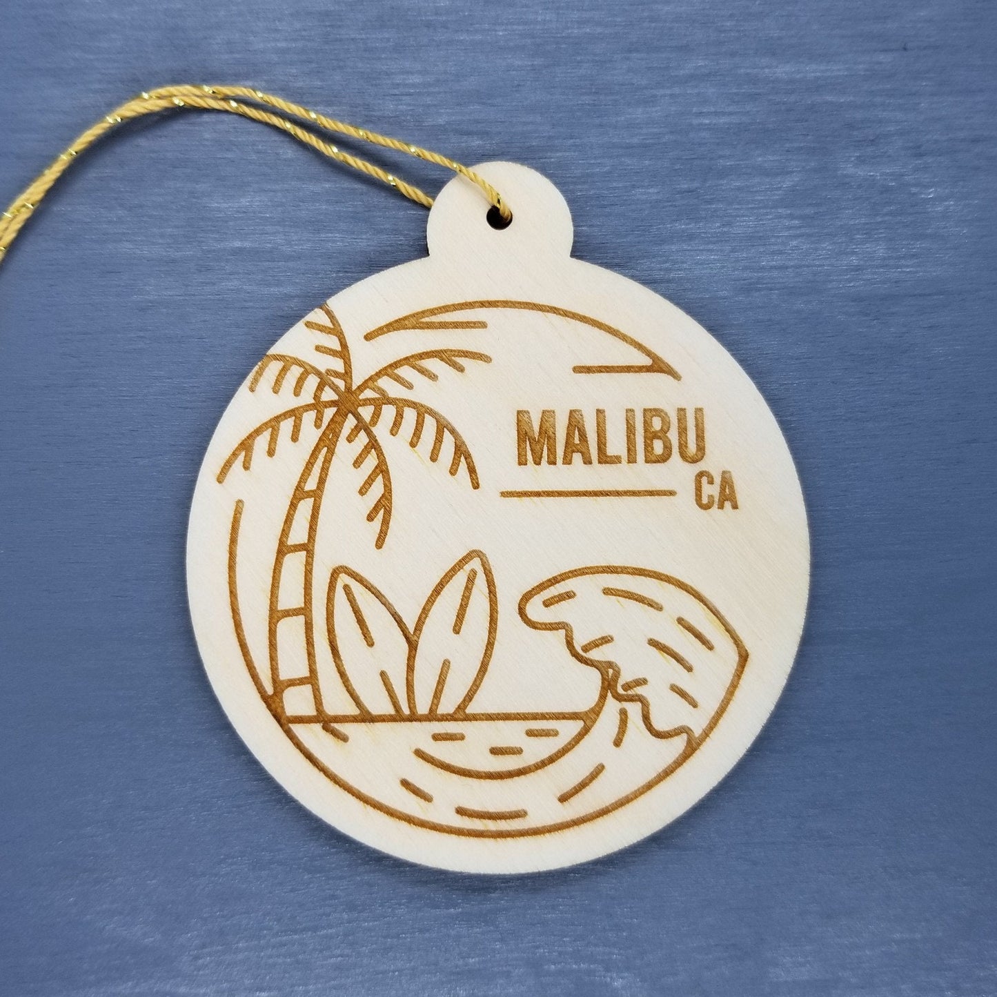 Malibu California Ornament Handmade Wood Ornament Souvenir CA Ocean Beach Waves Palm Trees Surfboards Travel Gift Made in USA