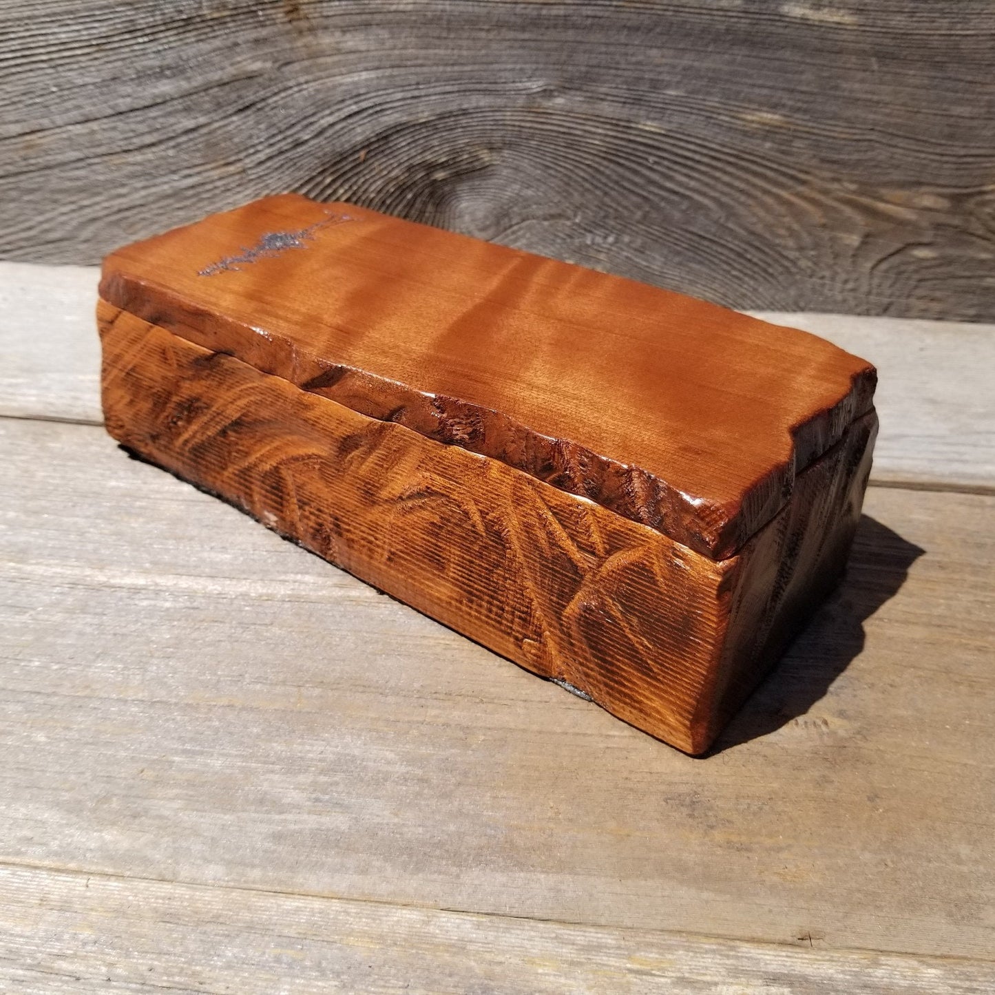 Handmade Wood Box with Redwood Tree Engraved Rustic Handmade Curly Wood #472 California Redwood Jewelry Box Storage Box