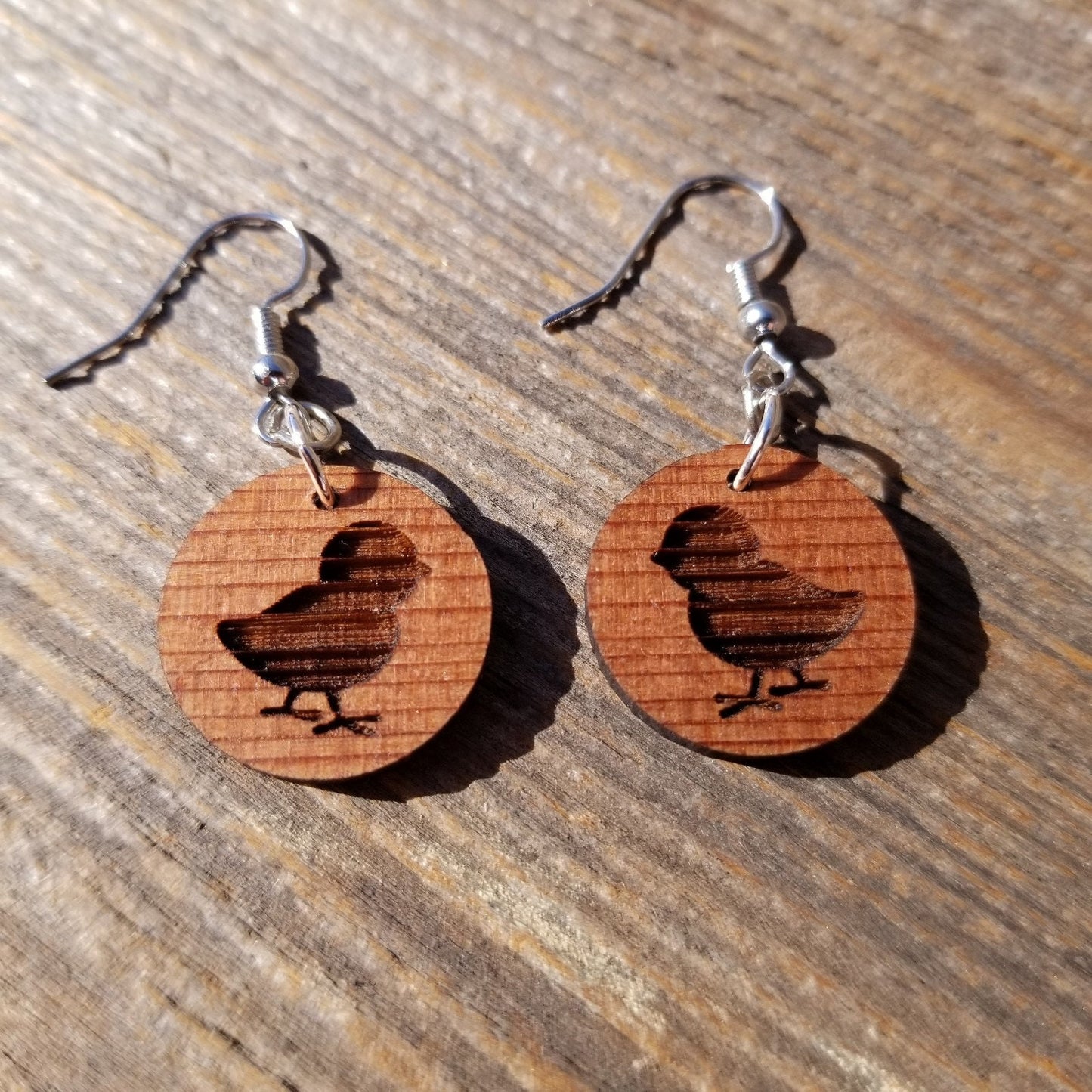 Chicken Baby Chick Hen Silhouette Circle Dangle Earrings Redwood Farm Barn Animals Wood Gift Women Engraved