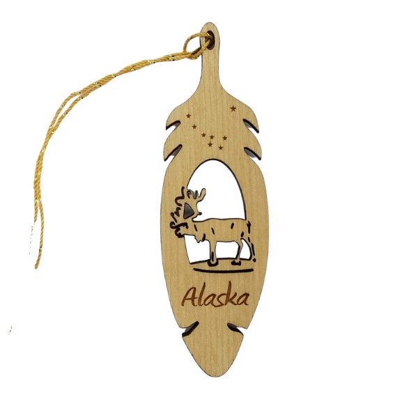 Caribou Alaska Christmas Ornament Wood Laser Cut Handmade in USA Travel Gift Souvenir Memento Leaf Acorn 3.75"